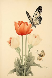Ukiyo-e art tulip butterfly drawing flower.