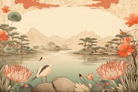 Ukiyo-e art lotus pond border outdoors plant bird.