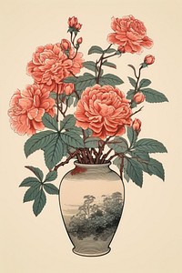 Ukiyo-e art print rose vase painting flower plant.