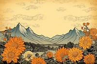 Ukiyo-e art sunflower border landscape mountain outdoors.