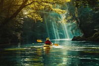 Women with kayak in deep forest river recreation kayaking vehicle.