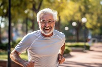 Elderly man running smile glasses adult.