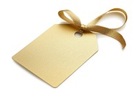 Price tag paper label gift shape with ribbon gold white background celebration.