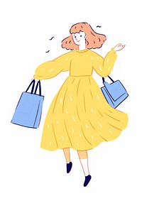 Doodle illustration happy woman cartoon bag shopping.