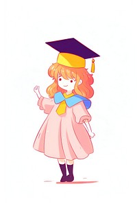 Doodle illustration person holding graduation hat cartoon cute white background.