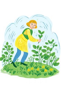 Doodle illustration smiling person gardening outdoors drawing cartoon.