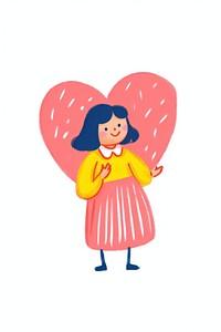 Doodle illustration smiling woman cartoon holding heart.