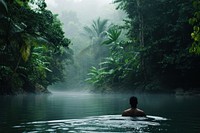 Man swiming in river at rain forest swimming outdoors nature.