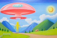 Alien on ufo painting outdoors nature.