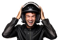 Wearing motocycle helmet smiling portrait adult photo.