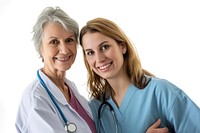 A mature woman patient and nurse adult white background togetherness.