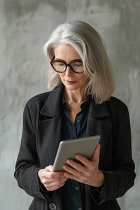 Mature businesswoman using tablet computer portrait photo.