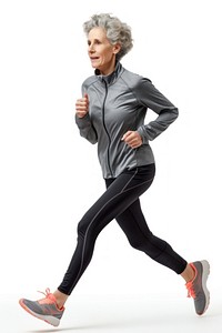 Runner mature Woman jogging full-length fitness running shoes and workout suit footwear adult woman.