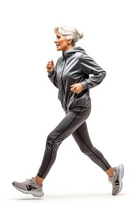 Runner mature Woman jogging full-length fitness running shoes and workout suit footwear white background exercising.