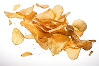 Chips floating out of chip bag petal white background freshness.