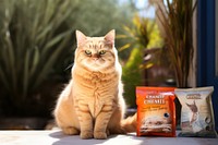Chubby orange cat sitting next to cat food bag animal mammal kitten.