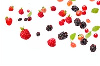 Photo of flying berry fruits strawberry blackberry raspberry.