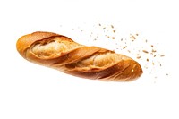 Photo of flying bread baguette food white background.
