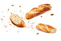 Photo of flying bread baguette food white background.