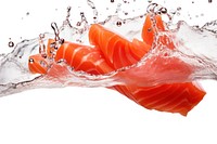 Photo of flying salmons sashimi seafood red white background.