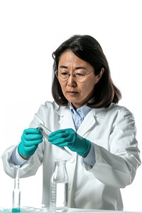 A mature scientist Asian women Scientist working glasses adult white background.