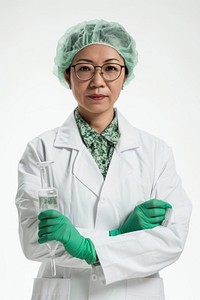 A mature scientist Asian women Scientist working glasses adult white background.