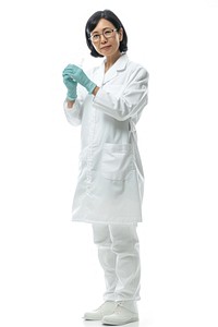 A mature scientist Asian women Scientist working adult glove white background.