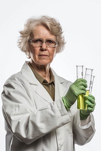 A mature scientist women Scientist working glasses adult white background.