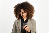 Positive curly haired ethnic woman uses mobile phone checks messages and reads news holds modern cellular in hands portrait glasses smile.
