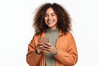 Young adult smiling happy pretty latin woman holding mobile phone device smile photo white background.