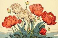 Ukiyo-e art print style tulips painting drawing flower.