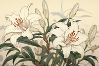 Ukiyo-e art print style white lily flower plant inflorescence.