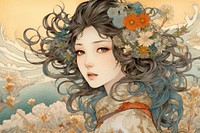 Ukiyo-e art print style Daisy painting adult illustrated.