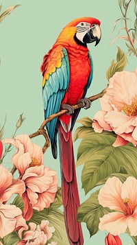 Vintage drawing macaw flower parrot animal.