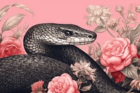 Vintage drawing black snake flower reptile animal.