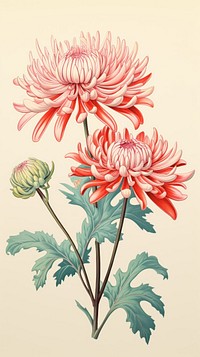 Vintage drawing chrysanthemum flower chrysanths dahlia.