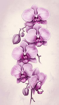 Vintage drawing purple orchid flower sketch plant.