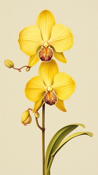 Vintage drawing yellow orchid flower petal plant.