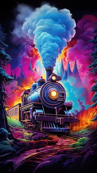 An old steam train Vibrant Neon Colors locomotive outdoors.