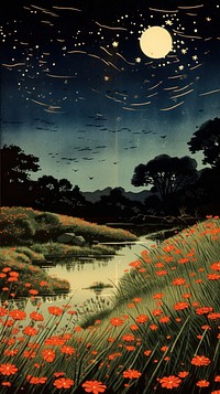 Traditional japanese vivid fireflies on field landscape at night astronomy outdoors nature.