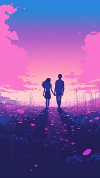 Couple love walking in the meadow outdoors nature purple.