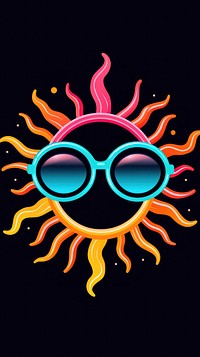 Sun sunglasses neon black background.