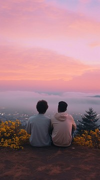 Love gay couple sky landscape outdoors.