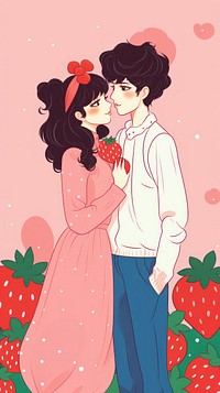 Strawberry kissing cartoon fruit.