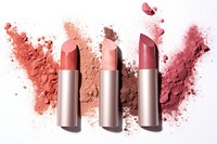 Lipsticks and powder cosmetics white background variation.