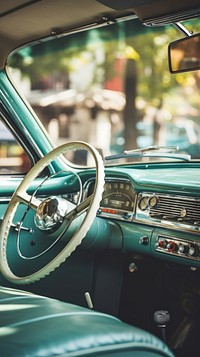 Vintage car interior vehicle street wheel.