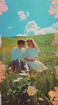 Couple love sitting in the meadow outdoors nature flower.