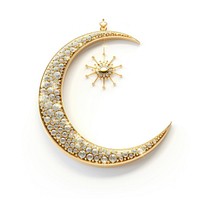 Eid Mubarak crescent moon gold jewelry white background.