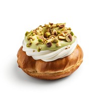 Choux cake with pistachio cream and nuts vegetable dessert bread.