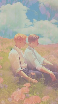 Gay couple love sitting in the meadow outdoors nature flower.